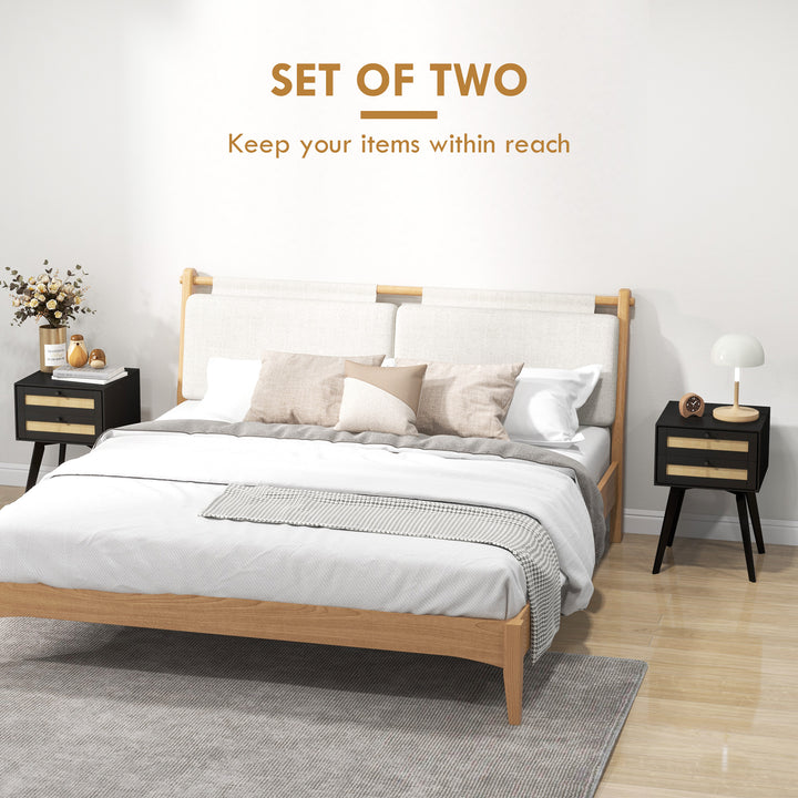 HOMCOM Boho Night Stands Set of 2, Bedside Tables with 2 Rattan Drawers, Square End Tables for Bedroom, Living Room