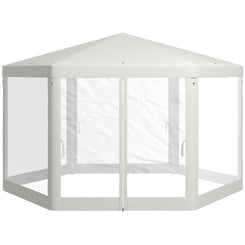 Outsunny Î¦13' Hexagon Party Tent Patio Gazebo Outdoor Activity Event Canopy Quick Sun Shelter Pavilion with Netting Mesh Sidewall Cream White