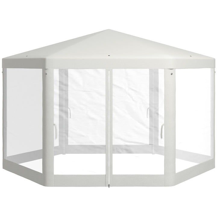 Outsunny Φ13' Hexagon Party Tent Patio Gazebo Outdoor Activity Event Canopy Quick Sun Shelter Pavilion with Netting Mesh Sidewall Cream White