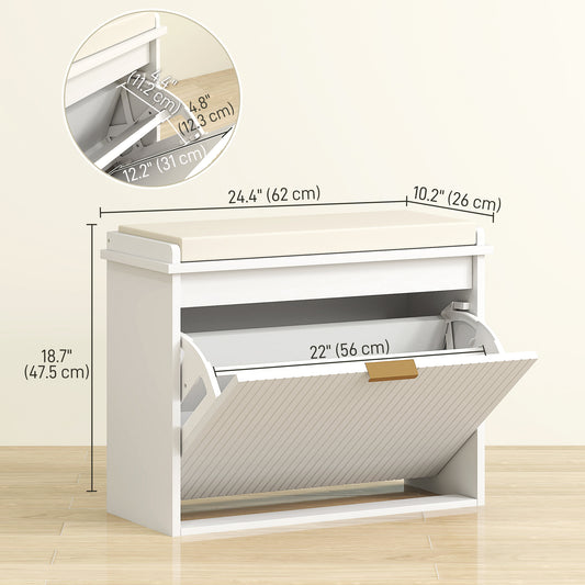 HOMCOM Entryway Bench with Padded Seat and Flip-Drawers, Holds up to 265lbs, Shoe Storage Bench for 6 Pairs of Shoes, White