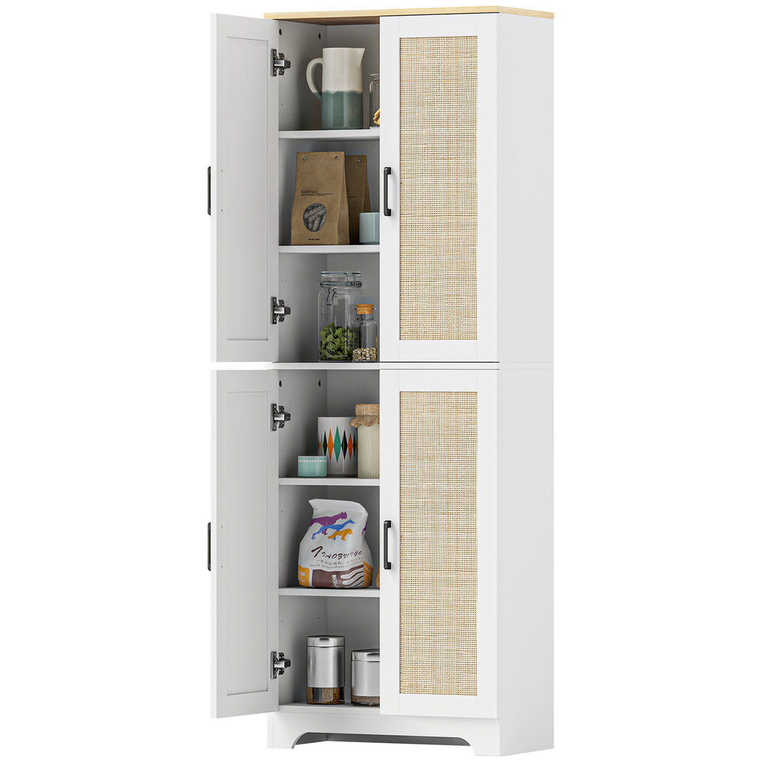 HOMCOM 67" Tall Kitchen Pantry, Freestanding Kitchen Storage Cabinet with 4 Rattan Doors and Adjustable Shelves, White