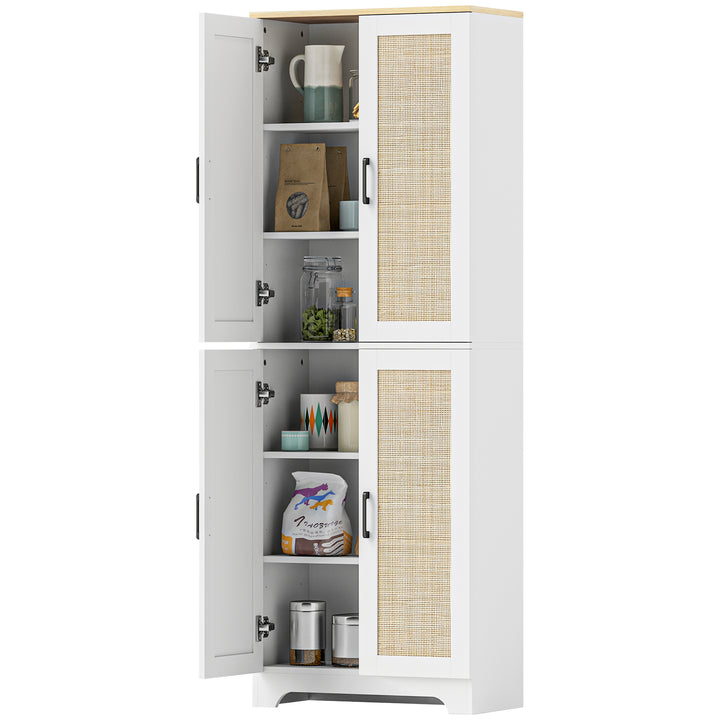 HOMCOM 67" Tall Kitchen Pantry, Freestanding Kitchen Storage Cabinet with 4 Rattan Doors and Adjustable Shelves, White