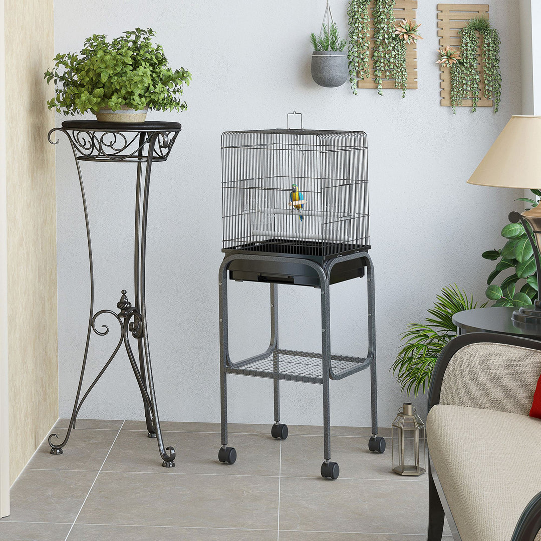 PawHut 44.5"H Metal Bird Cage Parrot Play Spot Stand with Wheel, Storage Shelf, Multi-doors - Black