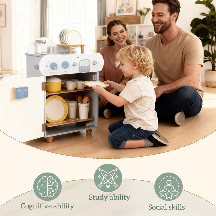 Qaba Wooden Dishwasher Playset, Play Sink Toys with Faucet, Turning Knobs and Accessories, Gift for Boys Girls Toddlers