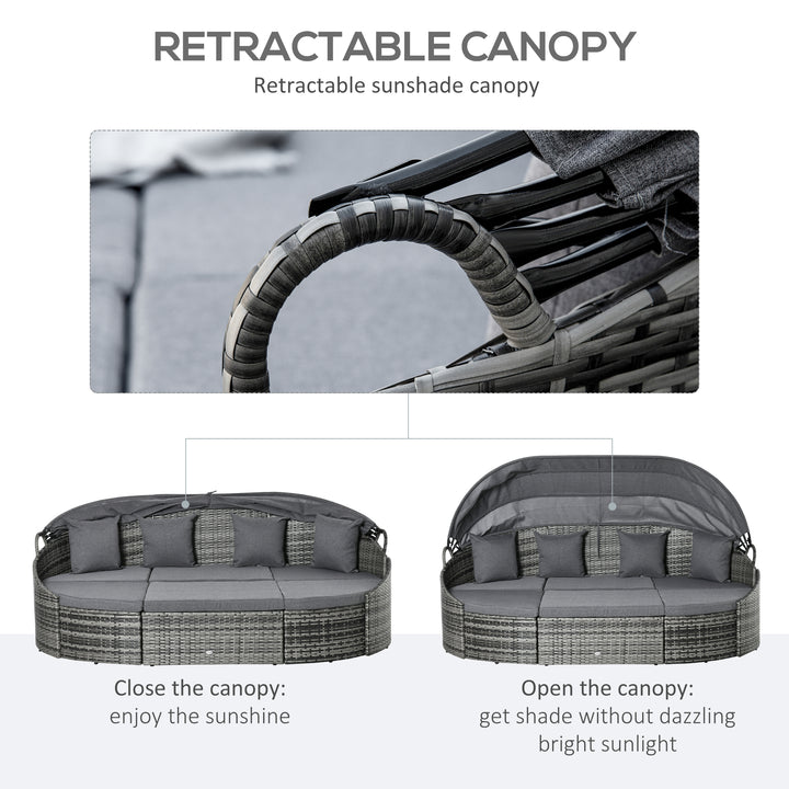 Outsunny 4 Pieces Patio PE Wicker Round Daybed, Outdoor Rattan Garden Lounge Furniture Sets, Grey