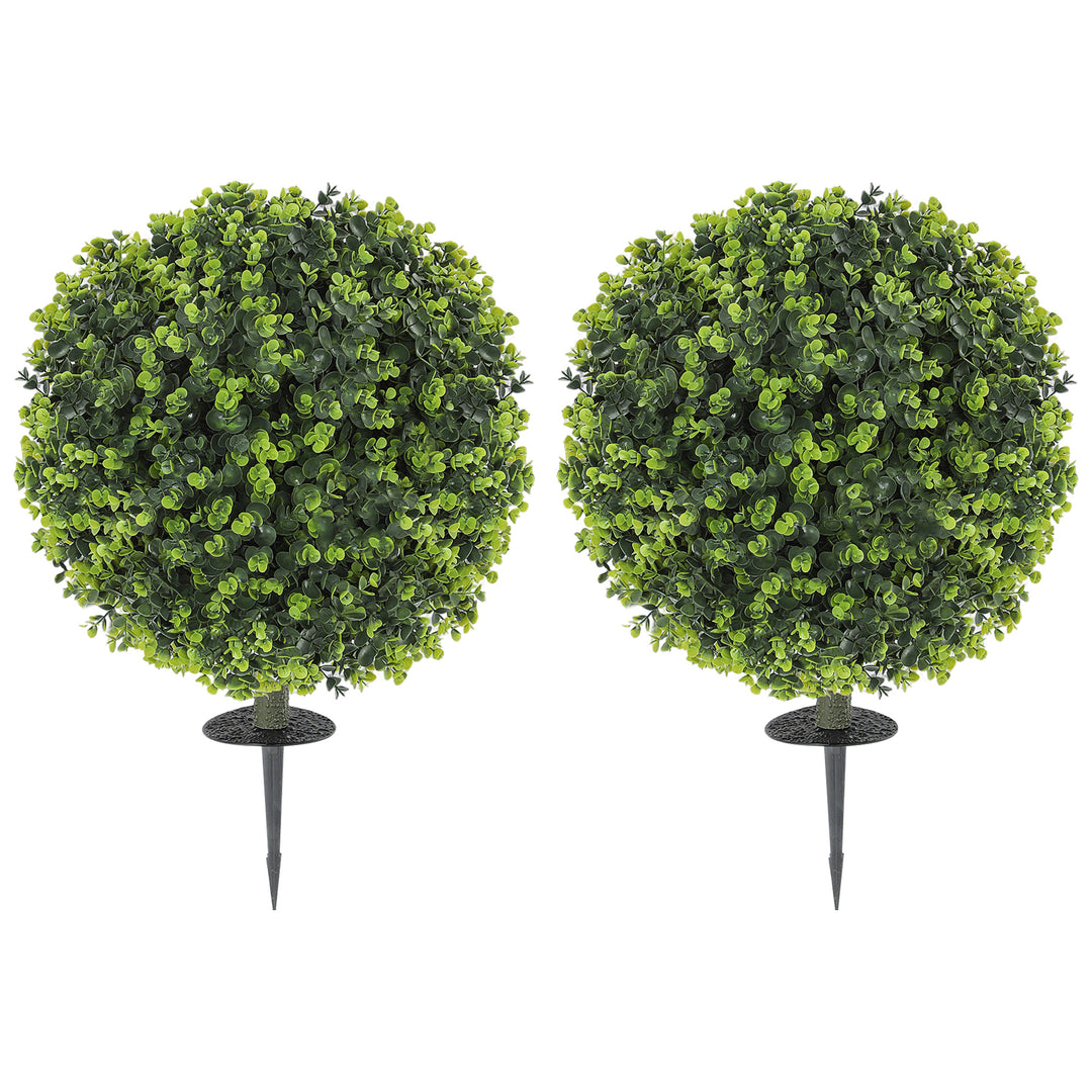 HOMCOM 2 Pack 1.3ft Artificial Ball Eucalyptus Topiary with Ground Stake, UV Resistant Faux Greenery for Indoor Outdoor