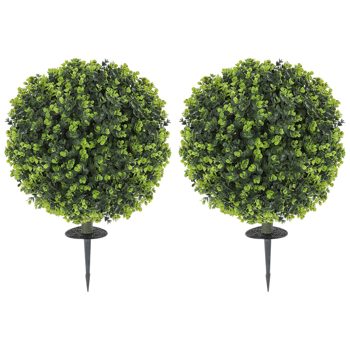 HOMCOM 2 Pack 1.3ft Artificial Ball Eucalyptus Topiary with Ground Stake, UV Resistant Faux Greenery for Indoor Outdoor