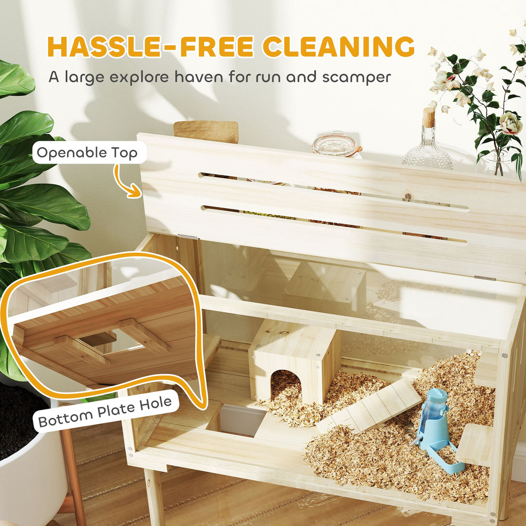 PawHut 28"L Wooden Hamster Cage with Seesaw, Water Bottle, Food Dish, Hut, Transparent Panel for Easy Observe, Nature Wood