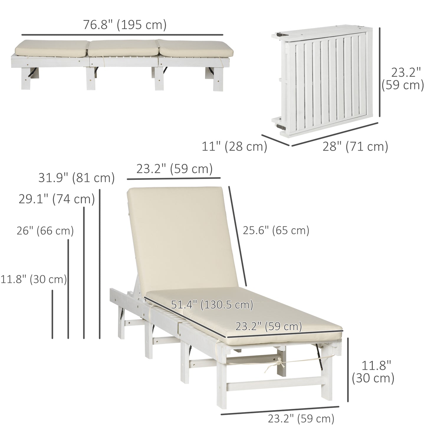 Outsunny Wooden Folding Chaise Lounge, Outdoor Chaise Lounge Chair, Garden Reclining Tanning Chair with 4 Adjustable Back Soft Cushions, White