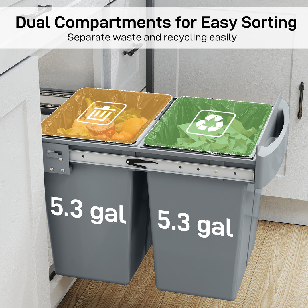 HOMCOM Pull Out Trash Can Under Cabinet, 10.6 Gallon (40L) Slide Out Garbage Can with 2 Removable Compartments, Grey