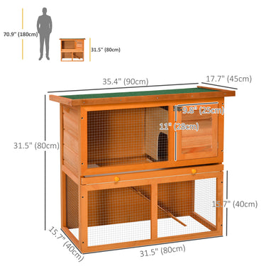PawHut Wooden Rabbit Hutch, Indoor Outdoor Bunny Cage with Run, 2- Level Guinea Pig House with Slide-Out Tray, Waterproof Roof, Yellow