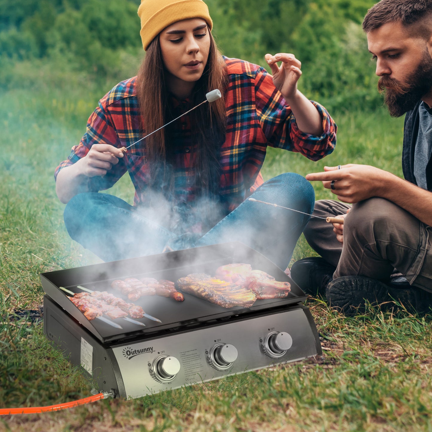 Outsunny 3 Burner Liquefied Gas Grill, Portable Tabletop BBQ Grill, for Camping, Picnic, Silver