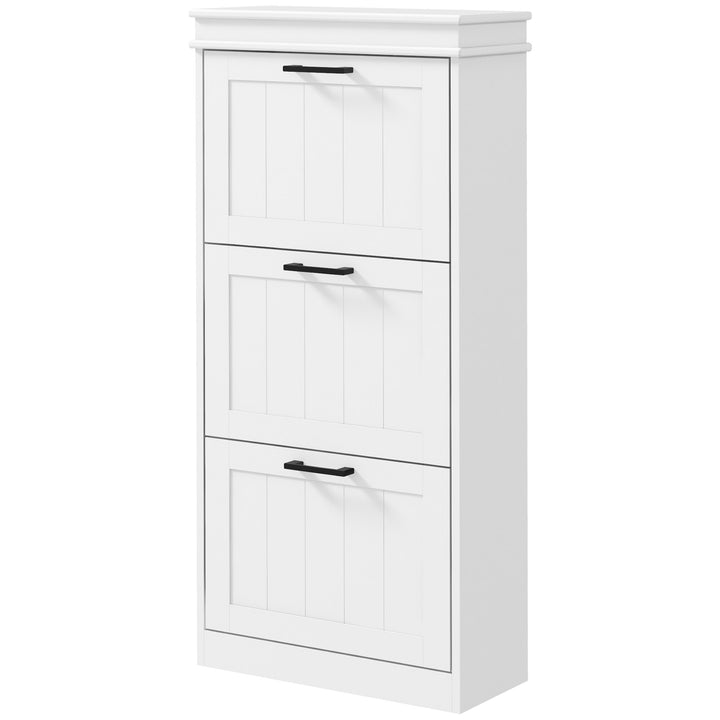 HOMCOM Slim Shoe Cabinet with 3 Flip Drawers and Adjustable Shelves, Narrow Shoe Cabinet for 15 Pairs of Shoes, White