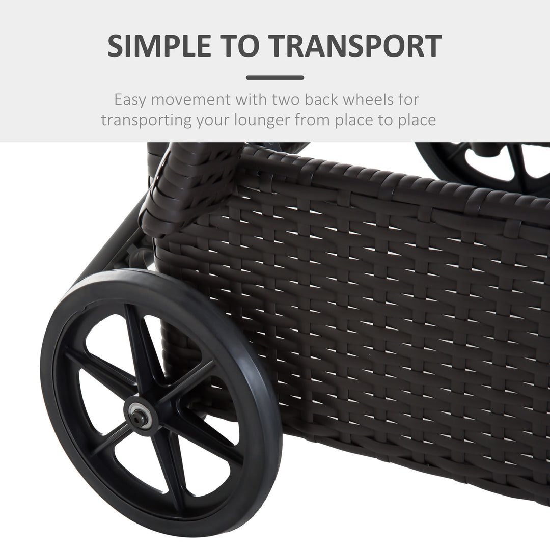 Outsunny Wicker Chaise Lounge, Outdoor Lounge Chair, PE Rattan Patio Sun lounger with Head-rest, 5-Level Height Adjust Backrest, Cushion & Wheels, Deep Coffee and Cream White