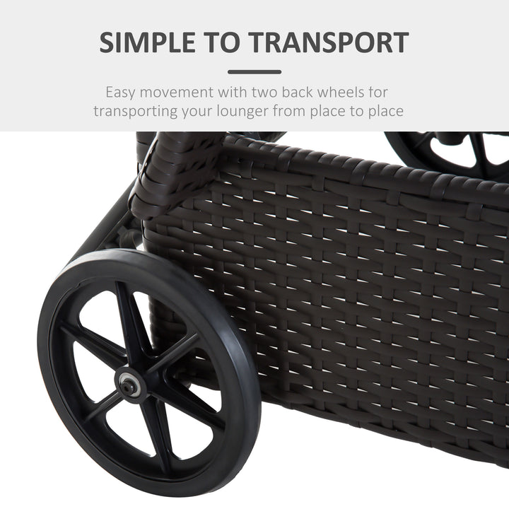 Outsunny Wicker Chaise Lounge, Outdoor Lounge Chair, PE Rattan Patio Sun lounger with Head-rest, 5-Level Height Adjust Backrest, Cushion & Wheels, Deep Coffee and Cream White