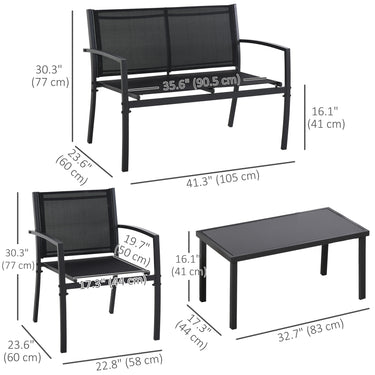 Outsunny 4-Piece Patio Furniture Set with Glass Top Coffee Table, Breathable Mesh Seat & Backrest for Garden, Balcony, Black