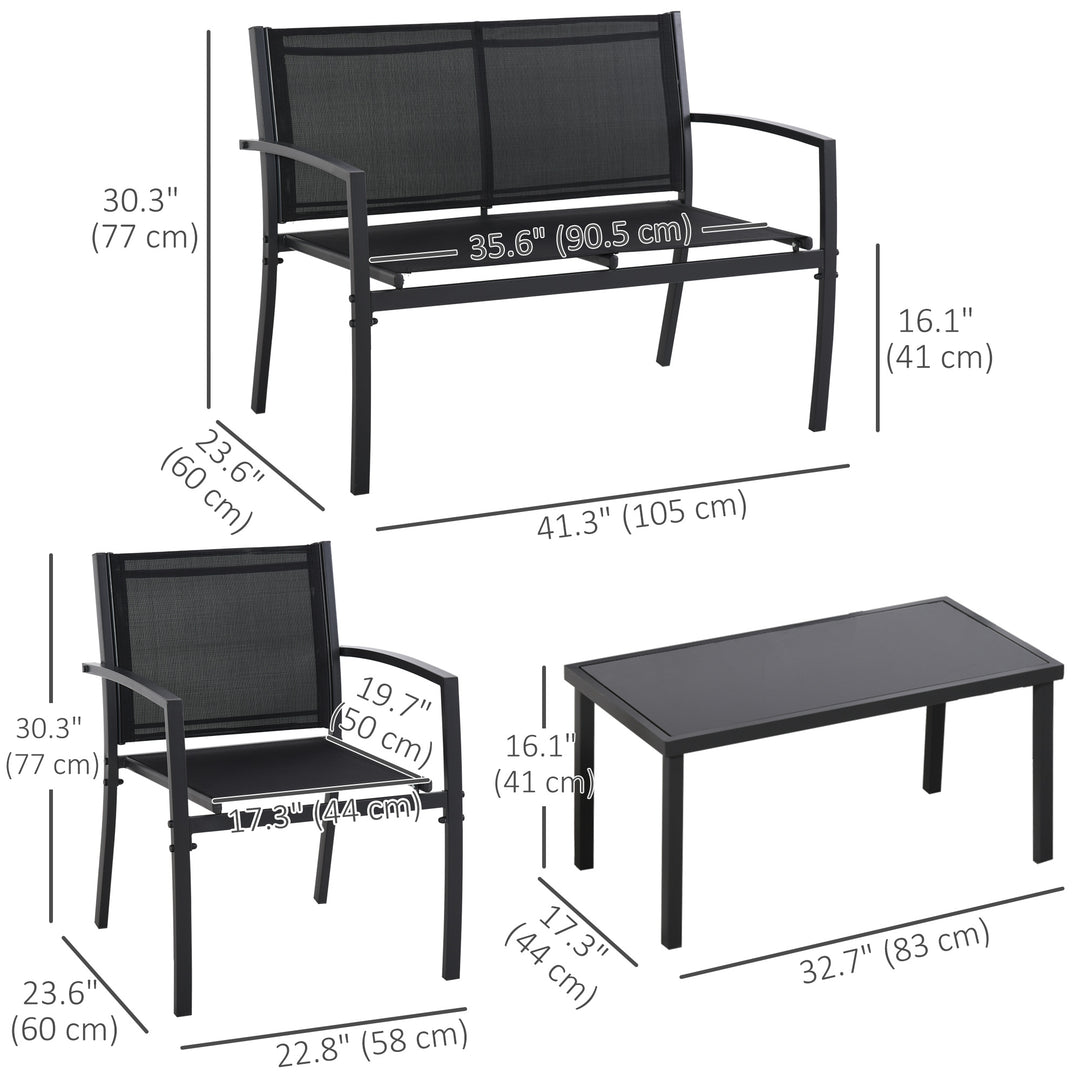 Outsunny 4-Piece Patio Furniture Set with Glass Top Coffee Table, Breathable Mesh Seat & Backrest for Garden, Balcony, Black
