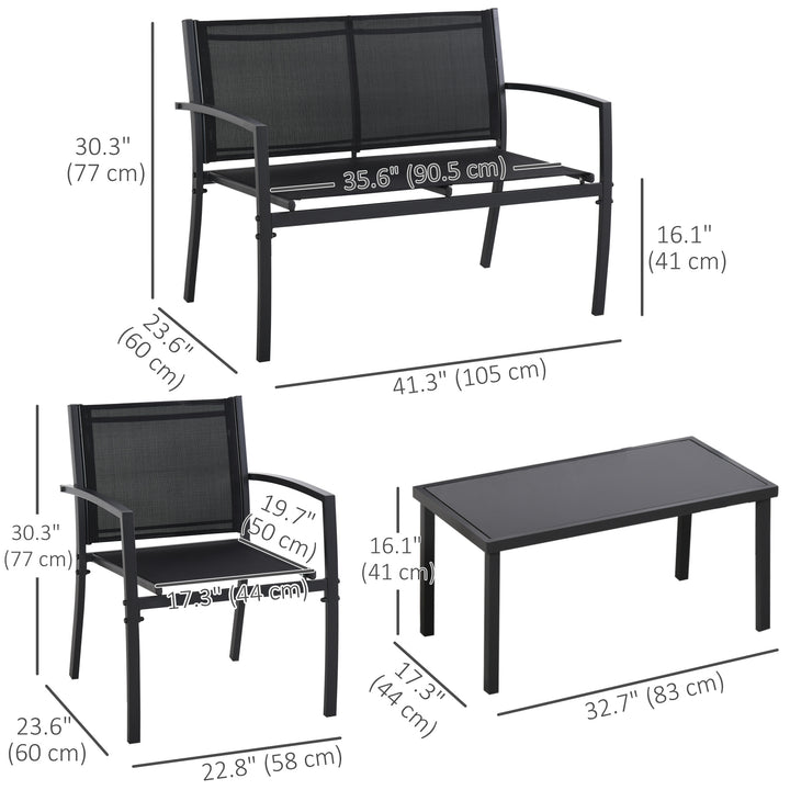 Outsunny 4-Piece Patio Furniture Set with Glass Top Coffee Table, Breathable Mesh Seat & Backrest for Garden, Balcony, Black