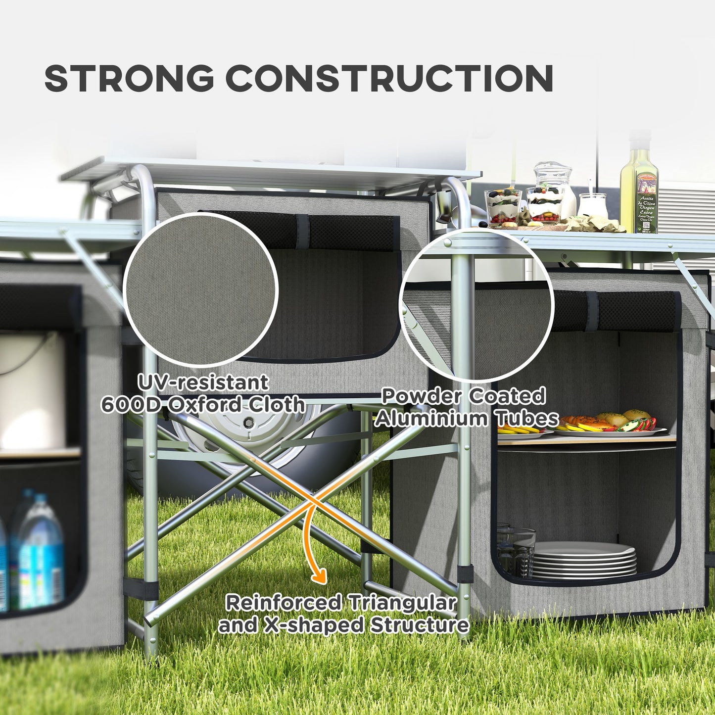 Outsunny Aluminum Camping Kitchen, Portable Folding Camping Table with Fabric Cupboards, Windshield, Bag for BBQ, Picnic, Grey